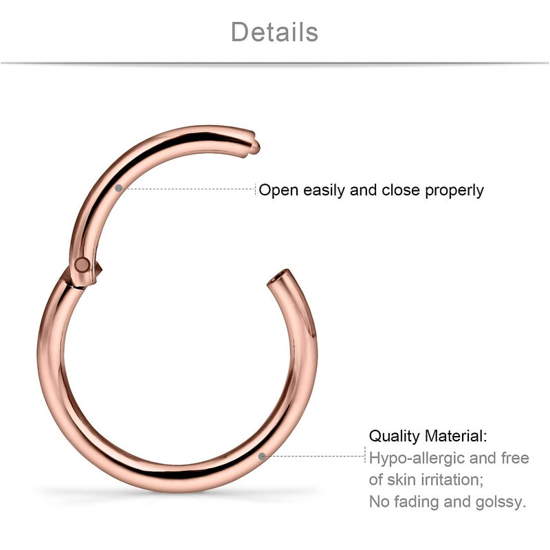 SCERRING 10PCS 16G Stainless Steel Hinged Clicker Segment Septum Nose Lip Ring Hoop Nipple Cartilage Tragus Sleeper Earrings Body Piercing Jewelry 8mm 10mm 12mm 14mm 16mm Rose Gold - Image 2